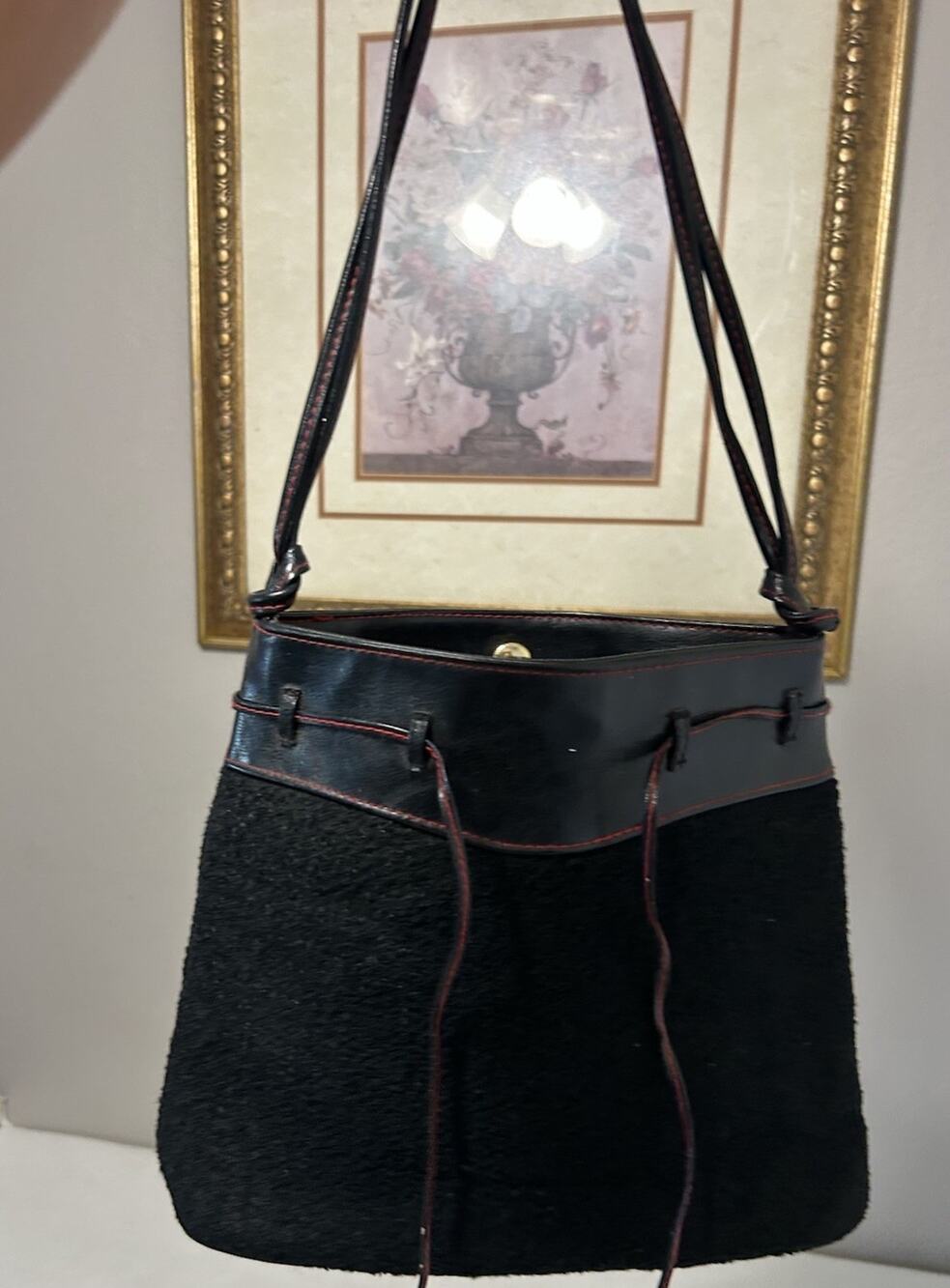 Vintage Victoria’s Secret Y2K Black Bucket Bag Red Stitch Drawstring Purse